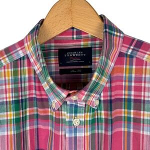 Charles Tyrwhitt Slim Fit Madras Plaid Short Sleeve Shirt Men L Pink Button Down